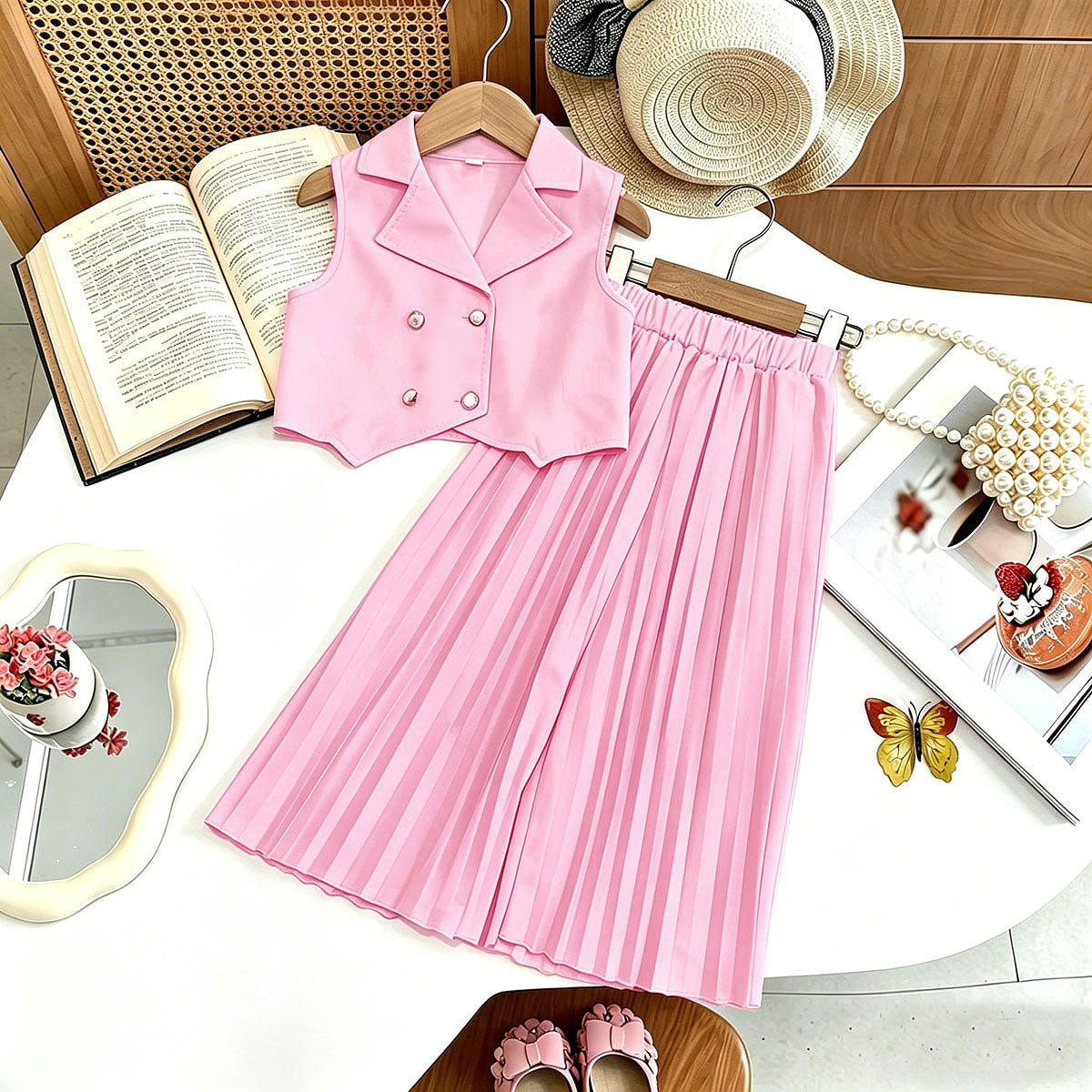 New Arrival Girls' Suit Set - Sleeveless Blouse + Wide Leg Pleated Pants Children's Outfit