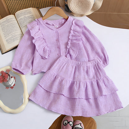 Ins Russian Girls' Cotton Off-Shoulder Sleeve Shirt + Lace Skirt, British Style Children's Two-Piece Set