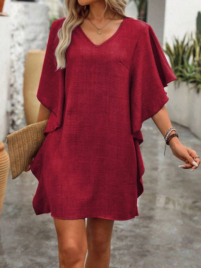 SummerWomen's Pure Color Loose Ruffled Fashion V-Neck Dress