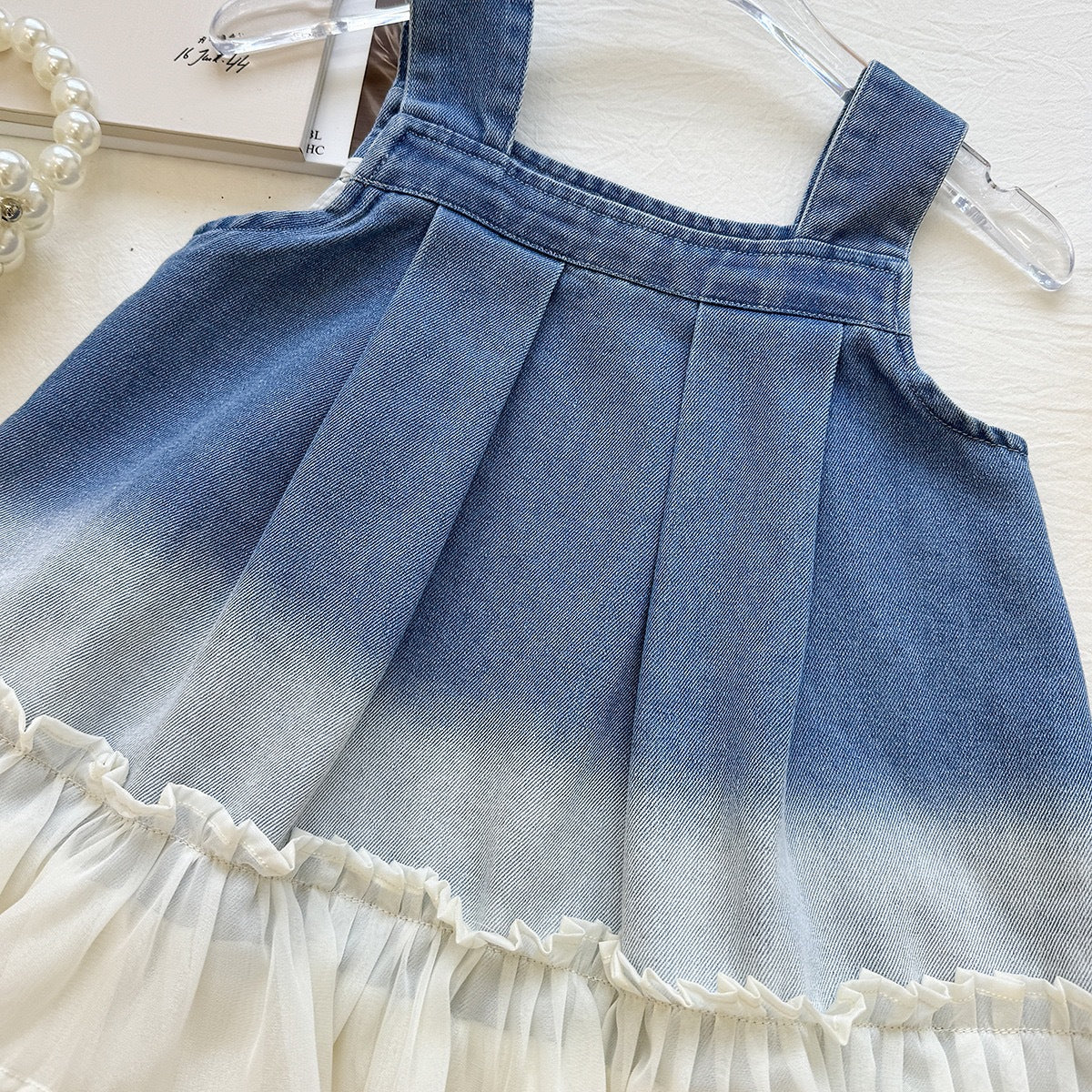Cute Girl's Dress Summer Fashion Denim Spliced Tulle Strap Dress Elegant Princess Dress