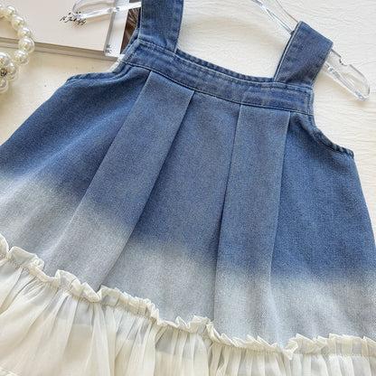 Cute Girl's Dress Summer Fashion Denim Spliced Tulle Strap Dress Elegant Princess Dress