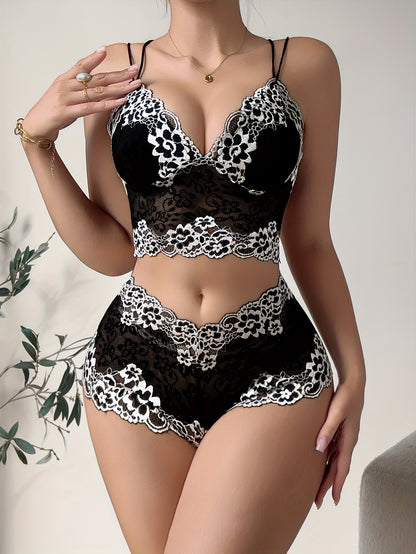 Two-Tone Floral Lace Bra Set, V-Neck Bodycon Hollow-Out Top and Panties, Women's Daily Comfort Underwear