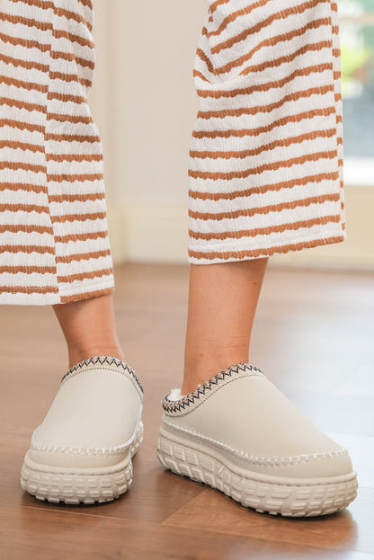 White Contrast Stitch Detail Faux Suede PU Patchwork Plush Winter Clog Slippers