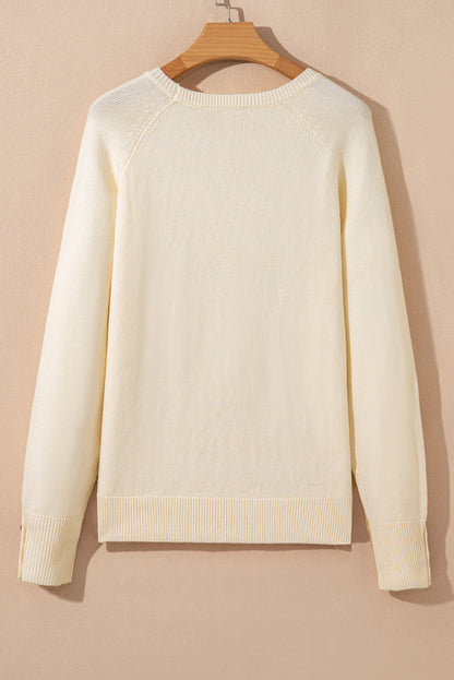 White Buttoned Bishop Sleeve Crew Neck Sweater