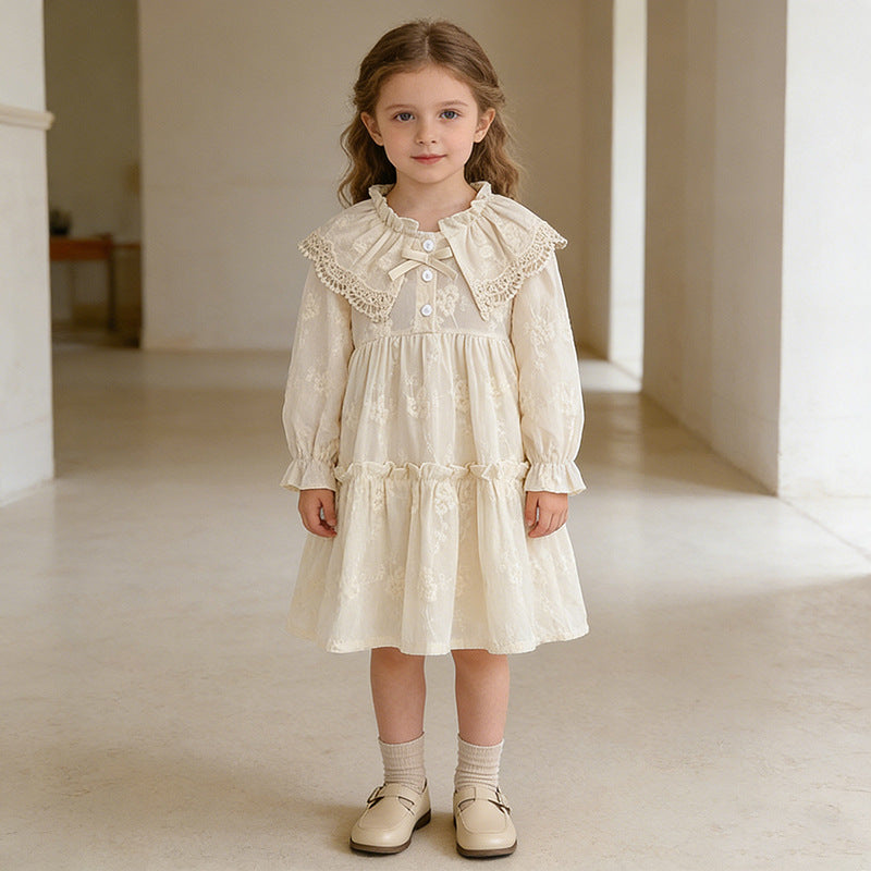 Girls' Dress Spring Autumn New French Lace Trim Large Turn-Down Collar Long Sleeve Princess Dress Children's Clothing
