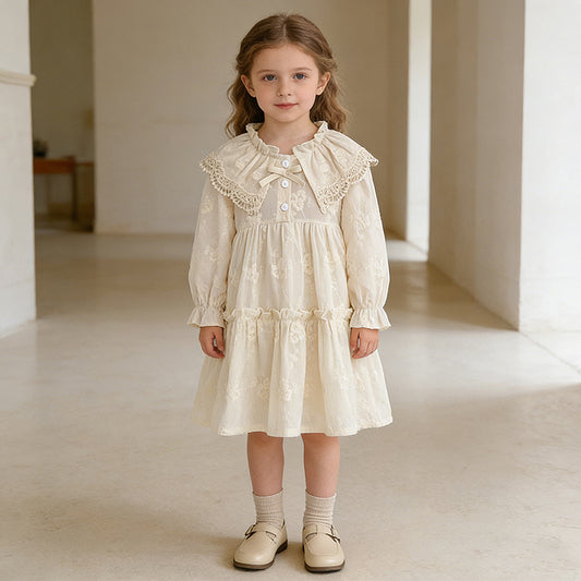 Girls' Dress Spring Autumn New French Lace Trim Large Turn-Down Collar Long Sleeve Princess Dress Children's Clothing