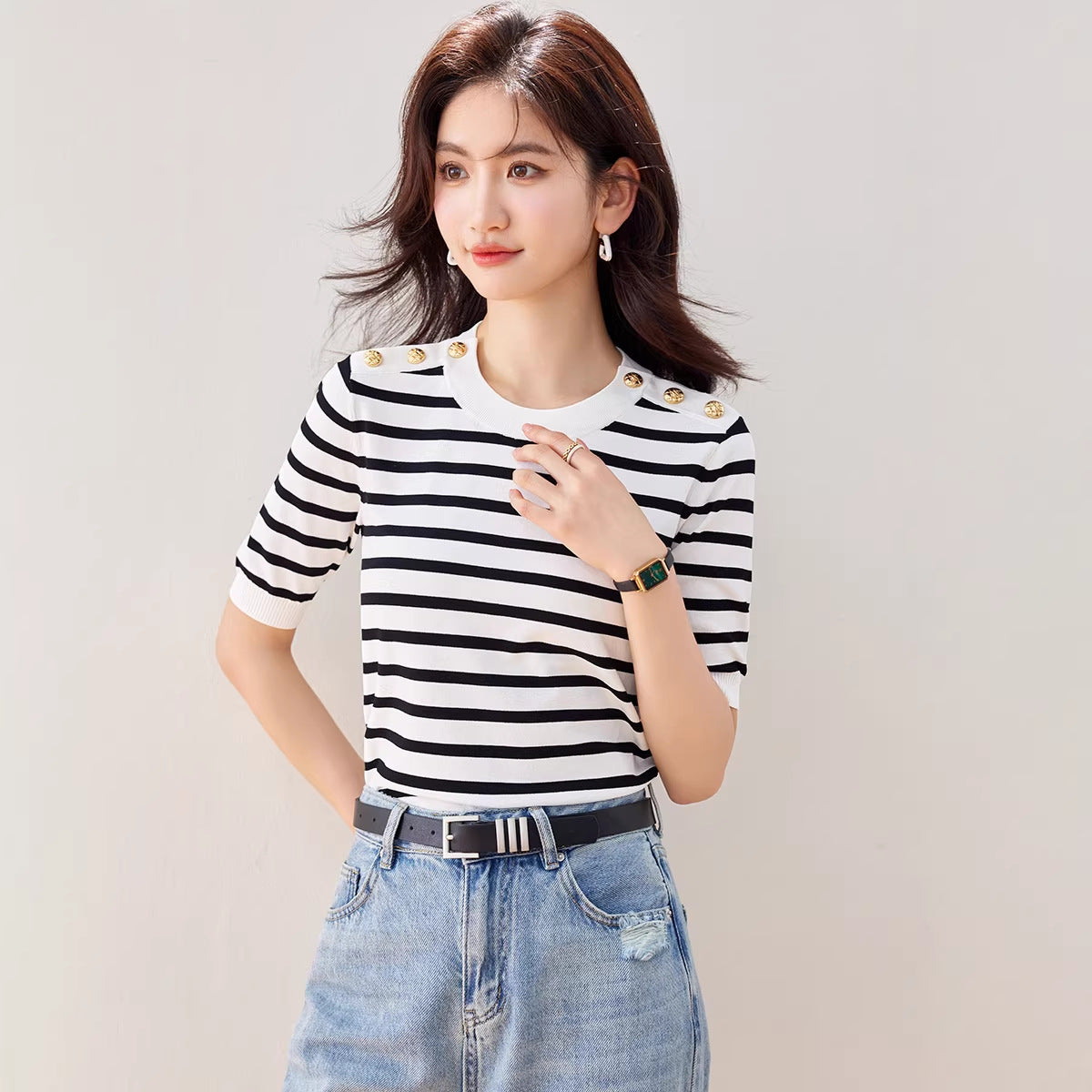 Striped T-Shirt Short Sleeve Women's Summer Fashion E Fitted Versatile High-End Top