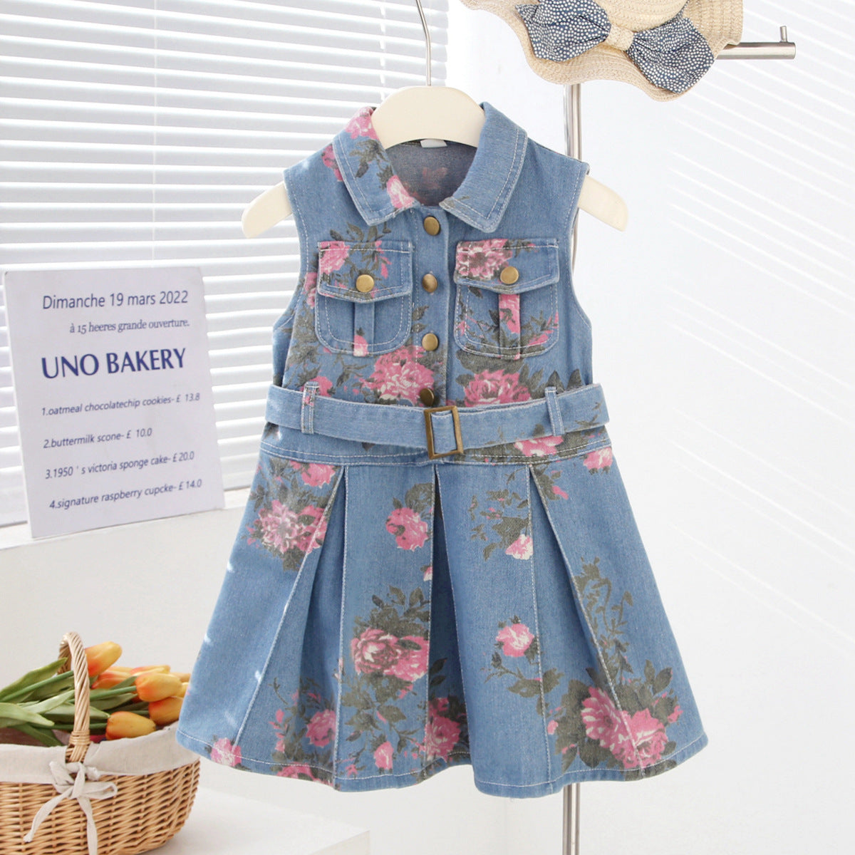 Girls' Sleeveless Denim Dress with Floral Print, High-Waisted Turn-Down Collar, Lightweight Backless Dress, Fashion Style