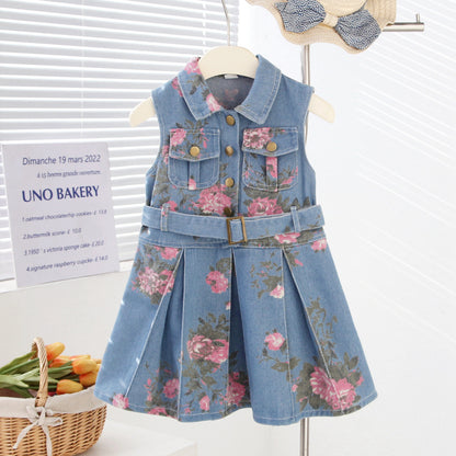 Girls' Sleeveless Denim Dress with Floral Print, High-Waisted Turn-Down Collar, Lightweight Backless Dress, Fashion Style
