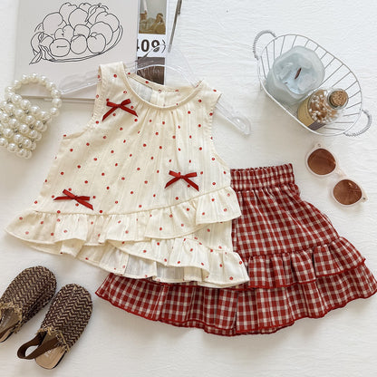 Summer Girls' Outfit Set Bow Polka Dot Sleeveless Top with Plaid Skirt Pants, Vintage Two-Piece Set