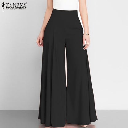 Pantalon élégant taille haute à jambes larges pour femme, style vintage printanier, coupe évasée, uni, fermeture éclair, palazzo