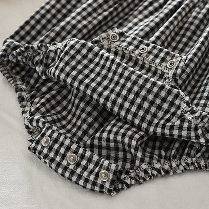 Cute Two-Piece Set for Girls, Solid Color Top and Checkered Romper, Casual Baby Girl Clothing