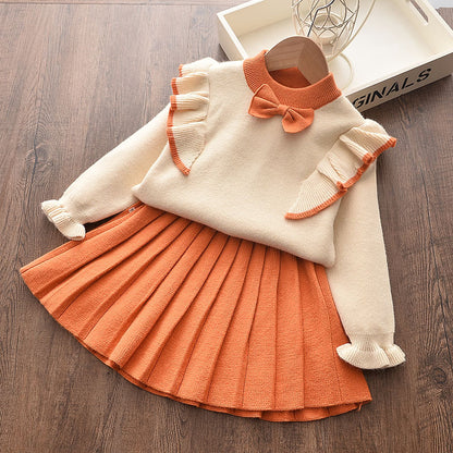 Charming Knitted Sweater and Pleated Skirt Set for GirlsSpring and Autumn Fashion Two-Piece Princess Dress Outfit