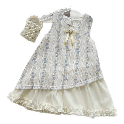Fashionable Lace Patchwork Sleeveless Dress for Girls, Elegant Princess Style Summer Dress