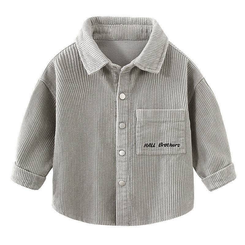 Elastic Corduroy Top with Color-Blocked Turn-Down Collar