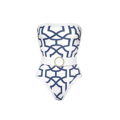 Women's Geometric Print One Piece Swimsuits Cover Up Fashion Bikinis Sets Strapless Bandage Swimwear Bathing Suit Beachwear