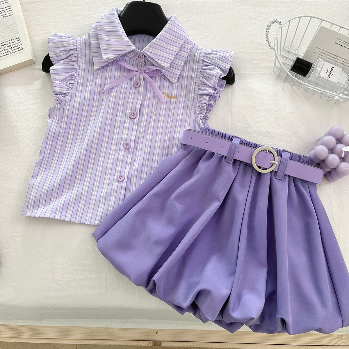 Cute Stripe Flutter Sleeve Top Set for Girls, Princess Style Bloomer Shorts Two-Piece Outfit, Summer Fashion