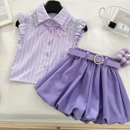 Cute Stripe Flutter Sleeve Top Set for Girls, Princess Style Bloomer Shorts Two-Piece Outfit, Summer Fashion