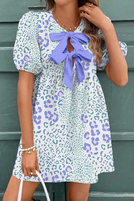 Sky Blue Leopard Contrast Bow Puff Sleeve Mini Dress
