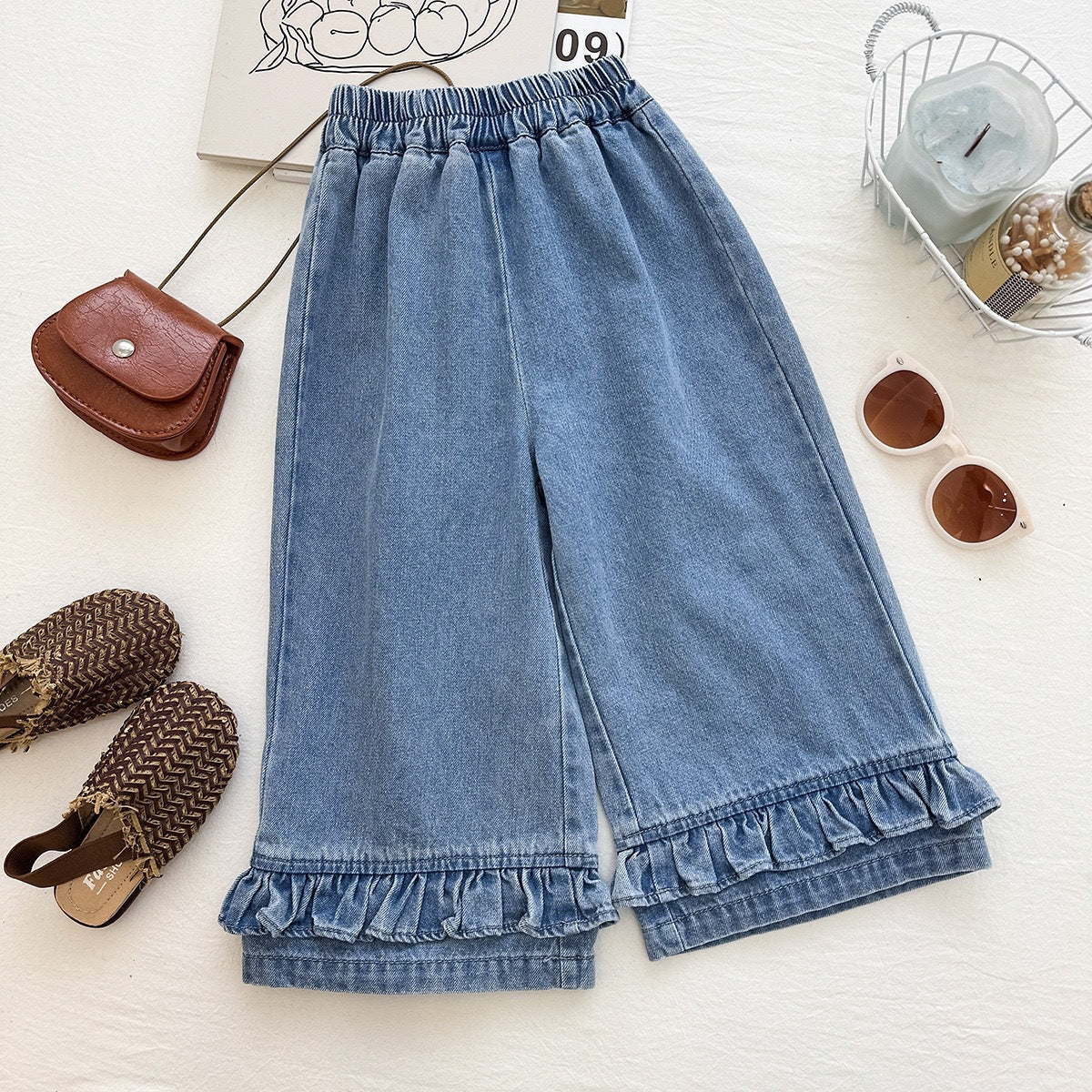 Girls' Denim Set Summer New Style Daisy Polka Dot Tulle Denim Vest and Wide Leg Pants Two-Piece Set