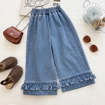 Girls' Denim Set Summer New Style Daisy Polka Dot Tulle Denim Vest and Wide Leg Pants Two-Piece Set