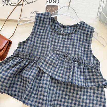 Summer Girls' Plaid Sleeveless Vest and Shorts Casual Sporty Two-Piece Set Fashion Foreign Trade