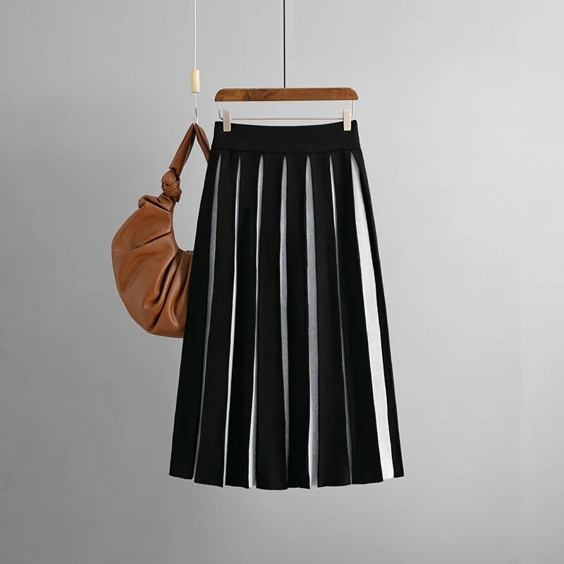 Knitted Long Skirt Women High Waist Black White Striped Contrast Color Sweater Skirt Faldas De Mujer Autumn Winter