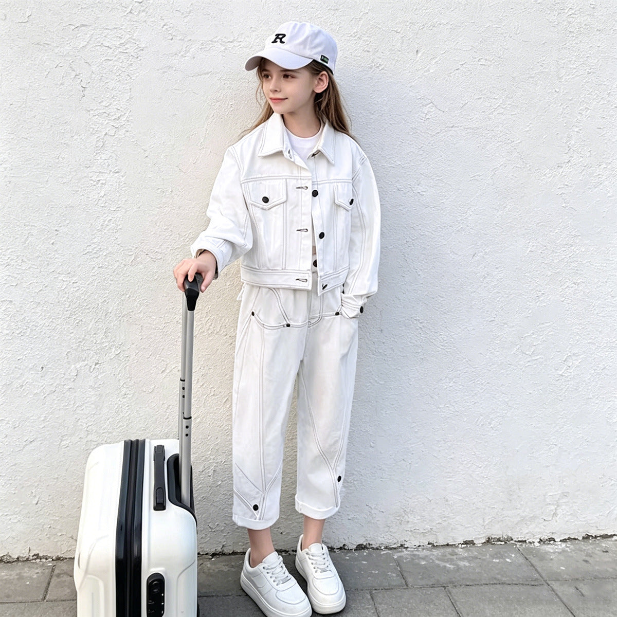 Girls' Cargo Outfit Fashionable Denim Two-Piece Set for Kids Spring and Autumn