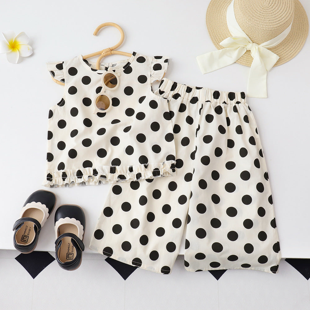 Cute Girl's Summer Outfit Set with Polka Dot Print, Sweet Flutter Sleeve Top and Ruffled Long Pants Two-Piece Set