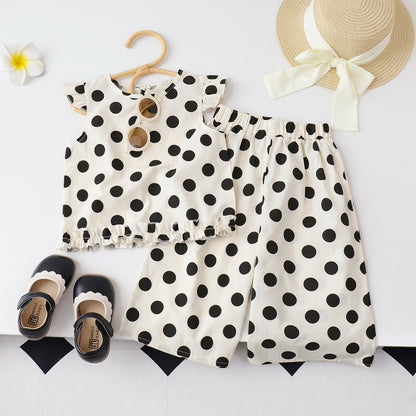 Cute Girl's Summer Outfit Set with Polka Dot Print, Sweet Flutter Sleeve Top and Ruffled Long Pants Two-Piece Set