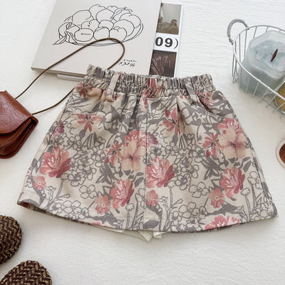 Casual Two-Piece Set for Girls Summer Floral Print Sleeveless Zipper Top and Skirt Pants Sporty Style Outfit