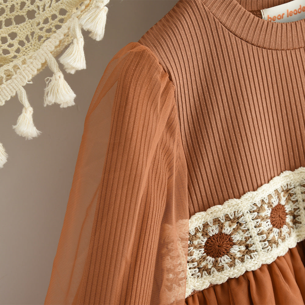 Round Neck Floral Lace Trim Tulle Long Sleeve Dress for Girls Princess Dress