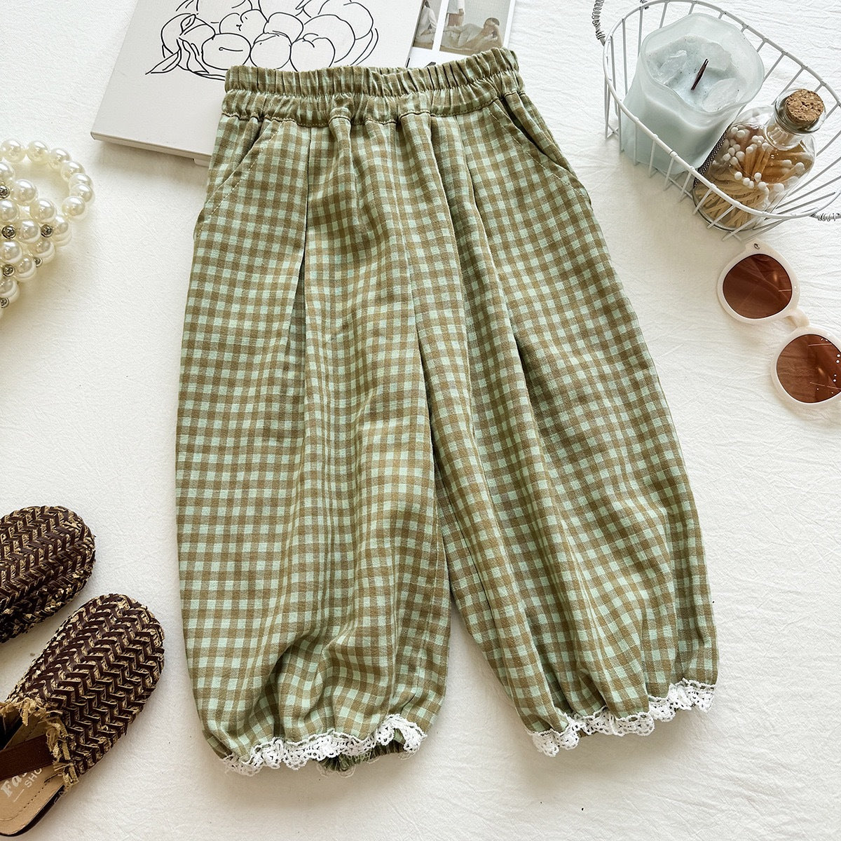 Summer Girls' Outfit Set Sleeveless Doll Top Plaid Mosquito-Repellent Pants Chic Two-Piece Set