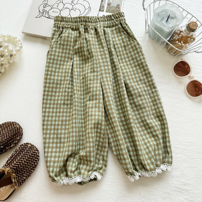 Summer Girls' Outfit Set Sleeveless Doll Top Plaid Mosquito-Repellent Pants Chic Two-Piece Set