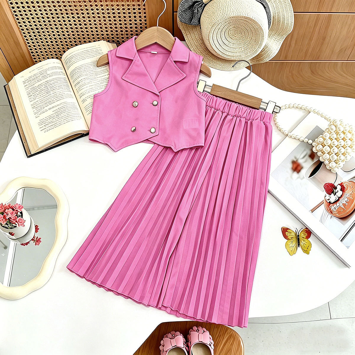 New Arrival Girls' Suit Set - Sleeveless Blouse + Wide Leg Pleated Pants Children's Outfit