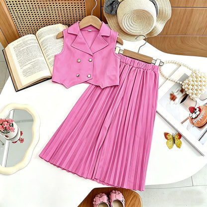 New Arrival Girls' Suit Set - Sleeveless Blouse + Wide Leg Pleated Pants Children's Outfit