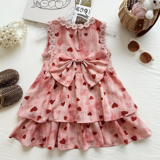 Cute Sleeveless Dress for Girls with Heart Print and Large Bow, Princess Style Summer Dress