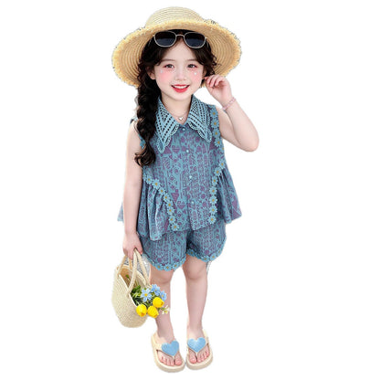 Summer Girls' Set Printed Tank Top with Ruffled Shorts Two-Piece Outfit for Kids