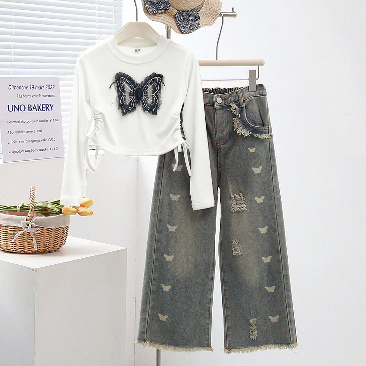 Spring Fashion Children's Outfit for Girls, Butterfly Embroidery Top with Denim Long Pants Two-Piece Set