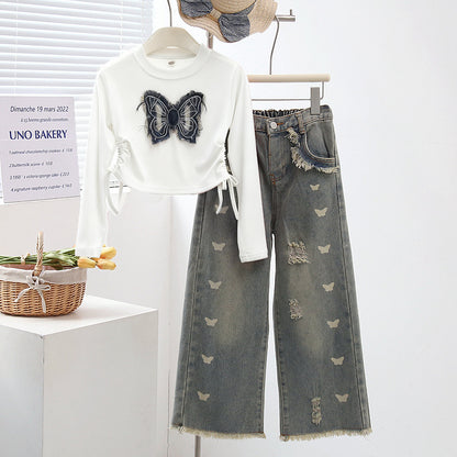 Spring Fashion Children's Outfit for Girls, Butterfly Embroidery Top with Denim Long Pants Two-Piece Set