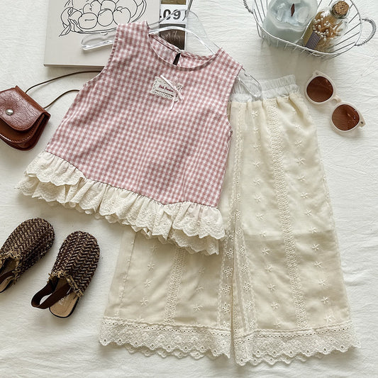 Wide-leg Pants Set with Lace Trim for Girls, Casual Two-Piece Outfit