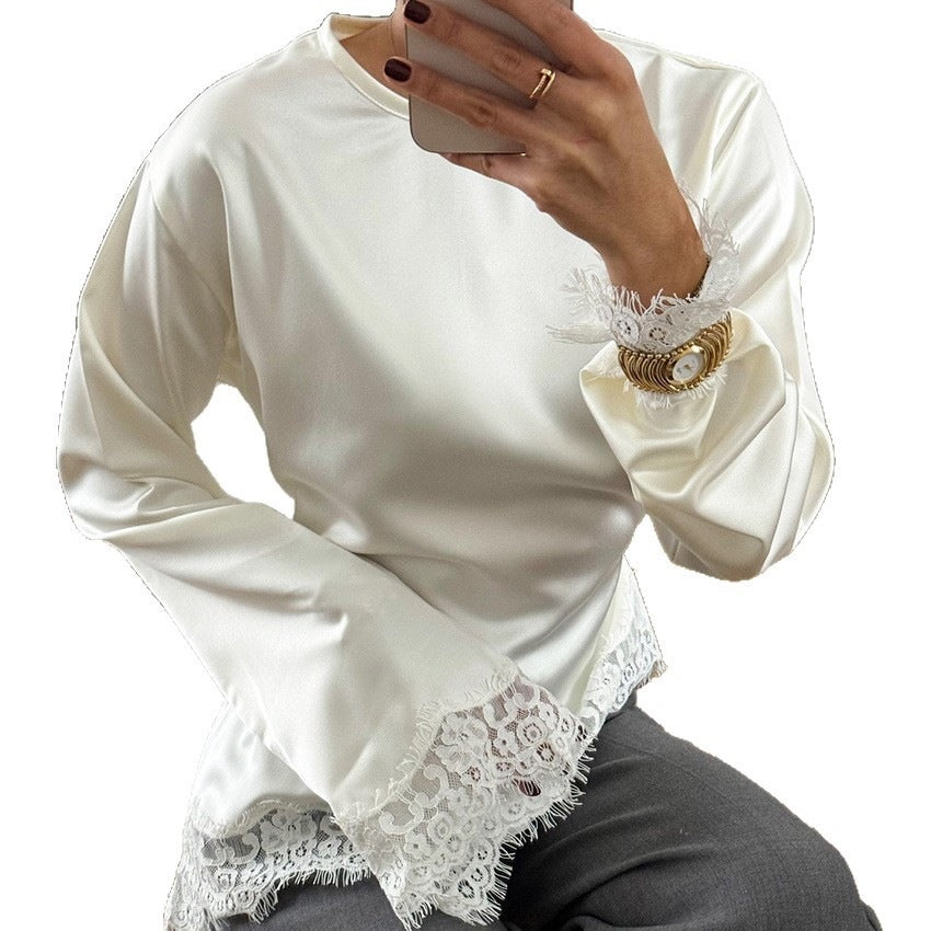T-shirt femme à col rond, manches longues et ourlet asymétrique, de couleur unie