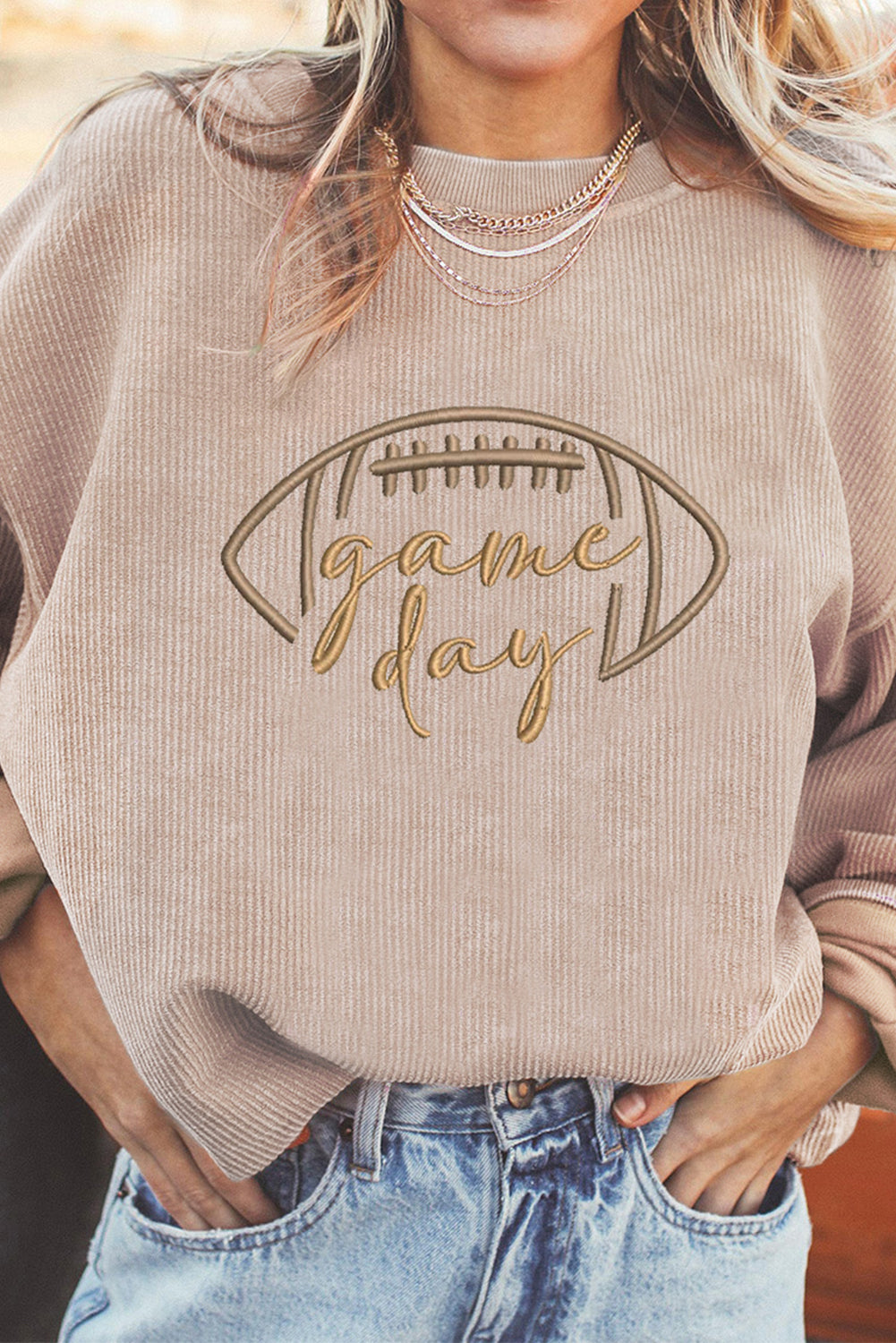 Apricot Rugby Game Day Embroidered Corduroy Sweatshirt