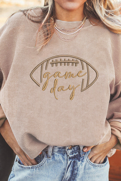 Apricot Rugby Game Day Embroidered Corduroy Sweatshirt
