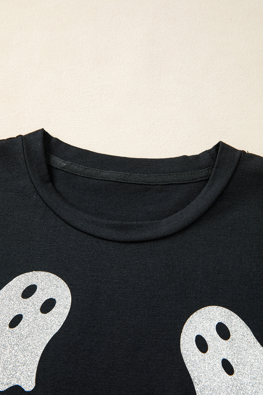 Black Glitter Ghost Pattern Crew Neck Halloween T Shirt