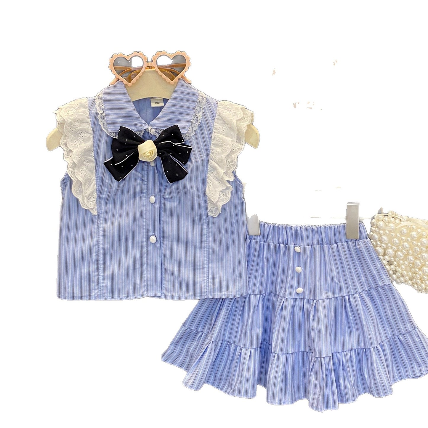Girls' Princess Style Outfit Set Summer Short Sleeve Striped Shirt Skirt Two-Piece Fashion Set
