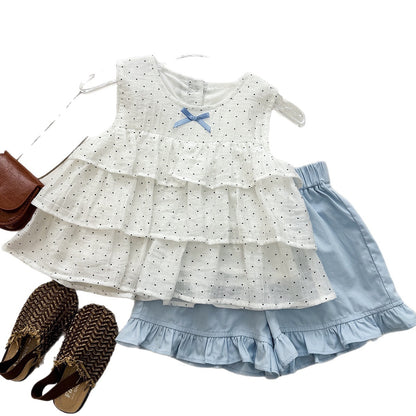 Chic Polka Dot Cake Top with Ruffle Shorts Set for Girls Summer Casual Two-Piece Outfit
