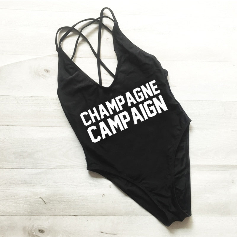 CHAMPAGNE CAMPAIGN Cross Back Swimwear Women One Piece Swimsuit Sexy Bodysuit Summer Bathing Suit maillot de bain femme Black