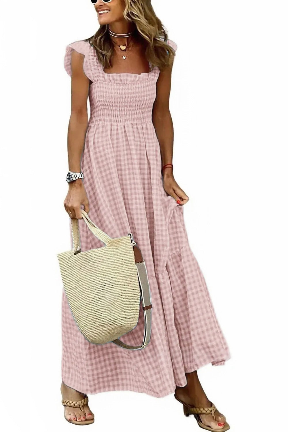 Robe à bretelles patchwork à carreaux chic pour femme, avec taille élastiquée et coupe évasée
