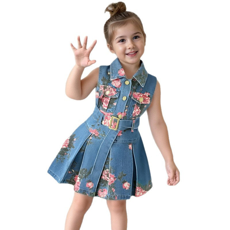 Girls' Sleeveless Denim Dress with Floral Print, High-Waisted Turn-Down Collar, Lightweight Backless Dress, Fashion Style